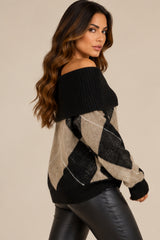 Violet Off-Shoulder Argyle Knit Jumper – Black