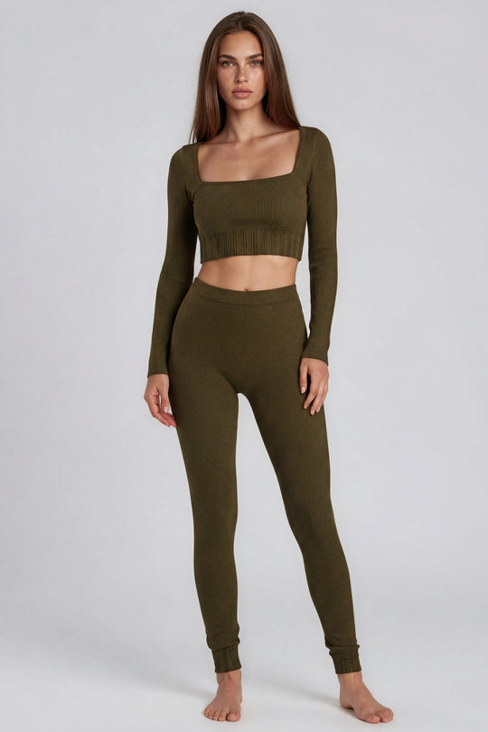 Brooke Square Neck Rib 2 Piece Co-Ord Set – Khaki
