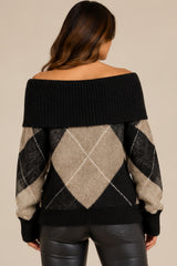 Violet Off-Shoulder Argyle Knit Jumper – Black