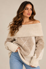 Violet Off-Shoulder Argyle Knit Jumper – Beige