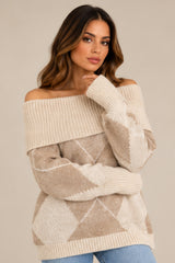 Violet Off-Shoulder Argyle Knit Jumper – Beige