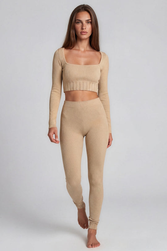 Brooke Square Neck Rib 2 Piece Co-Ord Set – Beige