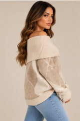 Violet Off-Shoulder Argyle Knit Jumper – Beige