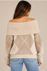Violet Off-Shoulder Argyle Knit Jumper – Beige