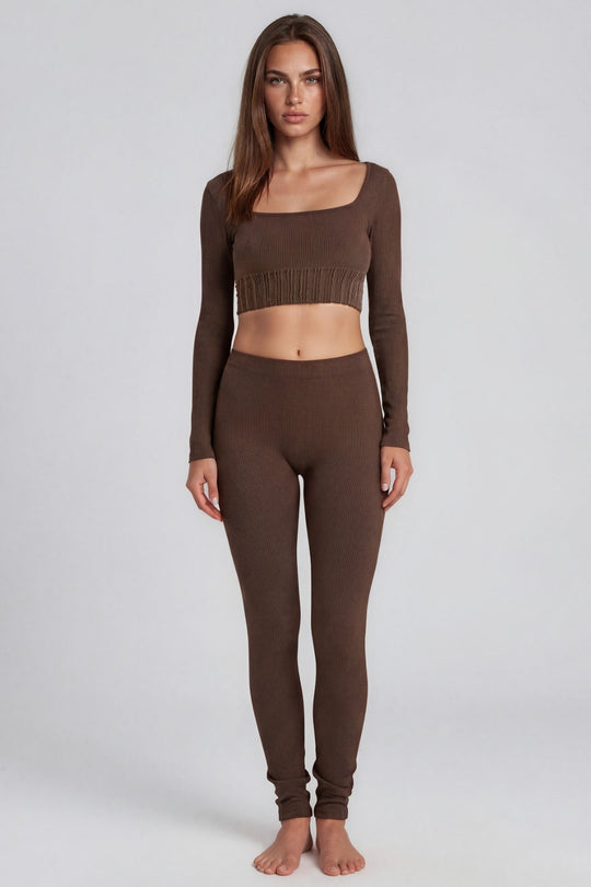 Brooke Square Neck Rib 2 Piece Co-Ord Set – Chocolate Brown