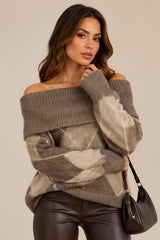 Violet Off-Shoulder Argyle Knit Jumper – Mocha
