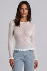Stephanie Sheer Ribbed Knit Frill Hem Top - White