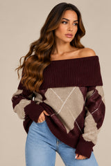 Violet Off-Shoulder Argyle Knit Jumper – Wine