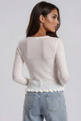 Stephanie Sheer Ribbed Knit Frill Hem Top - White
