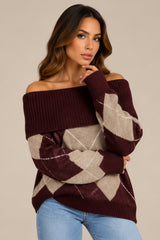 Violet Off-Shoulder Argyle Knit Jumper – Wine