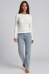 Stephanie Sheer Ribbed Knit Frill Hem Top - White