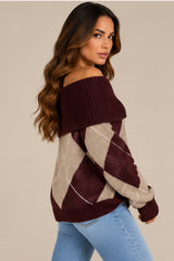 Violet Off-Shoulder Argyle Knit Jumper – Wine