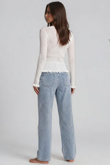 Stephanie Sheer Ribbed Knit Frill Hem Top - White
