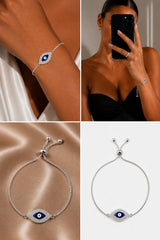 Crystal Evil Eye Adjustable Slider Bracelet - Silver