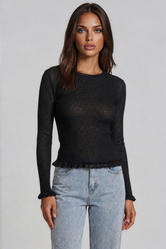 Stephanie Sheer Ribbed Knit Frill Hem Top - Black