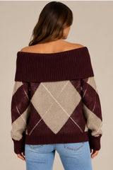 Violet Off-Shoulder Argyle Knit Jumper – Wine