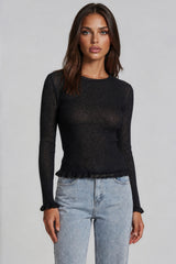 Stephanie Sheer Ribbed Knit Frill Hem Top - Black