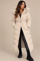Hazel Belted Faux Fur Hood Puffer Coat – Beige