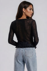 Stephanie Sheer Ribbed Knit Frill Hem Top - Black