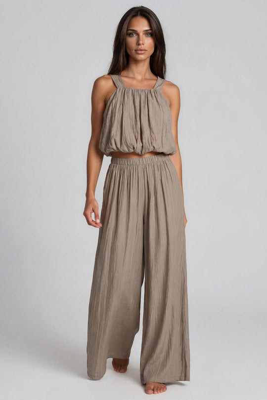 Hazel Textured Wide Leg Co-Ord Set - Taupe