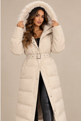 Hazel Belted Faux Fur Hood Puffer Coat – Beige