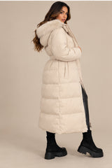Hazel Belted Faux Fur Hood Puffer Coat – Beige