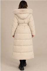 Hazel Belted Faux Fur Hood Puffer Coat – Beige