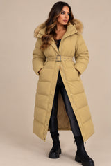 Hazel Belted Faux Fur Hood Puffer Coat – Camel