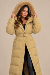 Hazel Belted Faux Fur Hood Puffer Coat – Camel