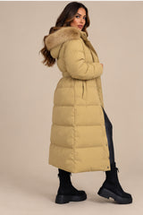 Hazel Belted Faux Fur Hood Puffer Coat – Camel