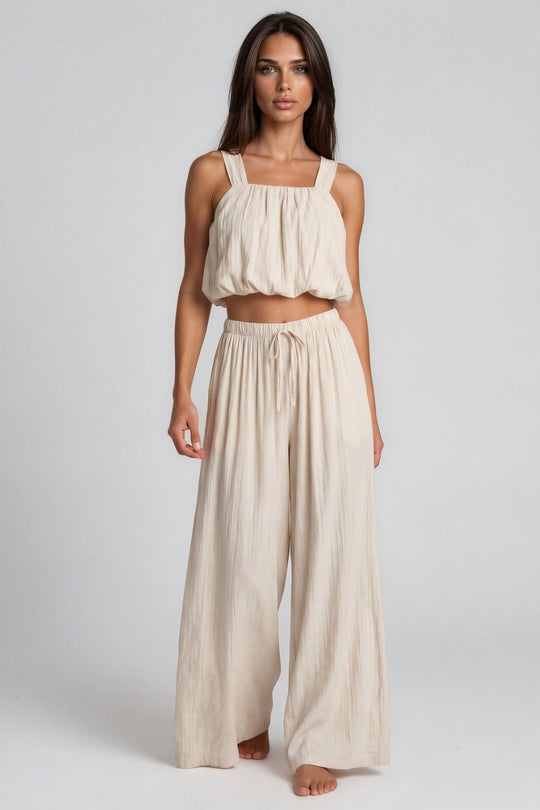 Hazel Textured Wide Leg Co-Ord Set - Beige