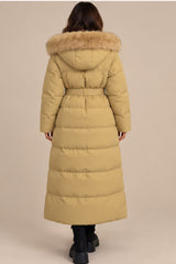 Hazel Belted Faux Fur Hood Puffer Coat – Camel