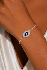 Crystal Evil Eye Adjustable Slider Bracelet - Silver
