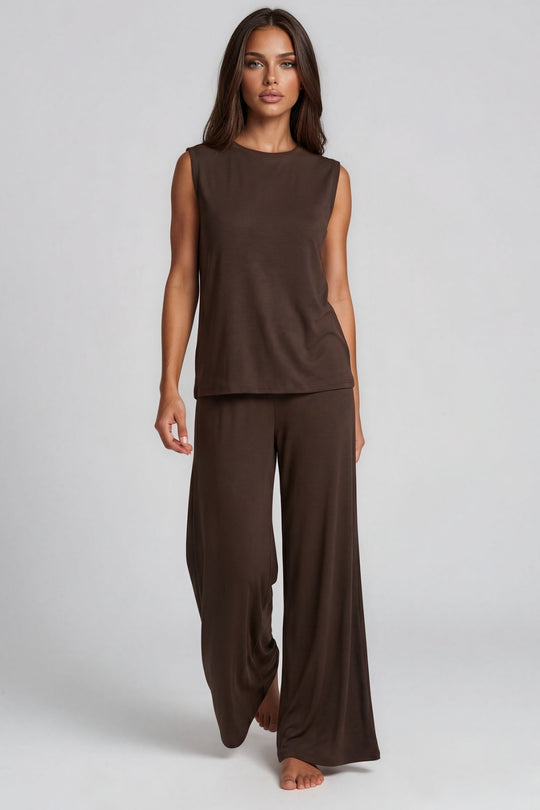 Vivienne Soft Touch Shoulder Pad Wide Leg Co-Ord Set - Chocolate