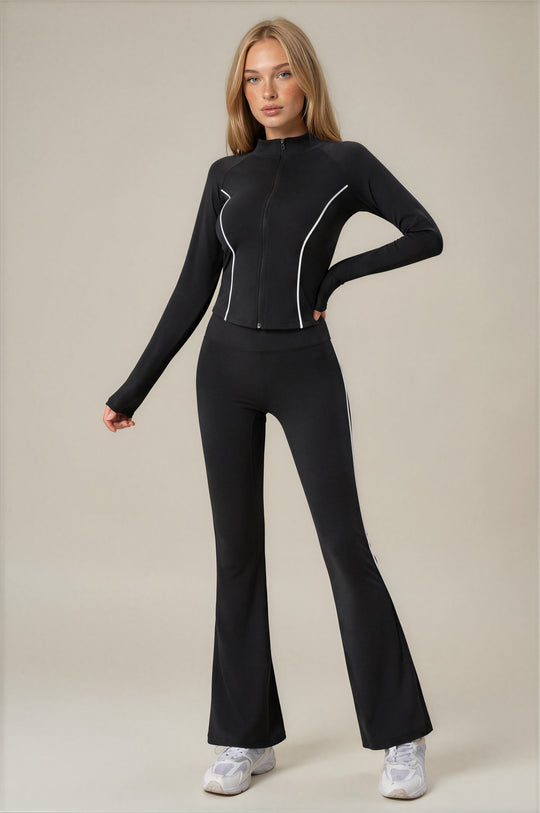 Eliza Piped Flared Zip-Up Co-Ord Set - Black