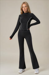 Eliza Piped Flared Zip-Up Co-Ord Set - Black
