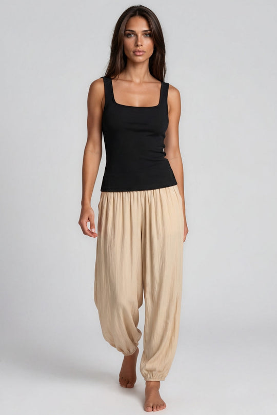 Lily Crinkle Balloon Leg Trousers - Beige