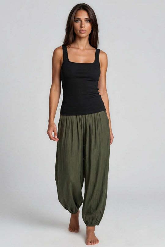 Lily Crinkle Balloon Leg Trousers - Khaki