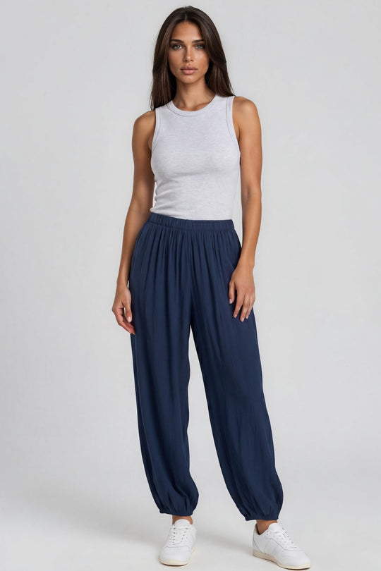 Lily Crinkle Balloon Leg Trousers - Navy