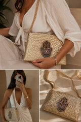 Hamsa Wicker Straw Bag - Gold