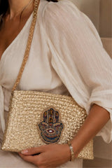 Hamsa Wicker Straw Bag - Gold
