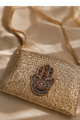 Hamsa Wicker Straw Bag - Gold