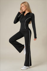 Eliza Piped Flared Zip-Up Co-Ord Set - Black