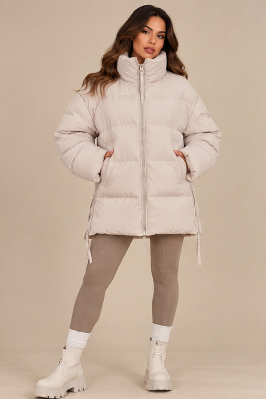 Alaiya Side Zip Padded Puffer Coat – Cream
