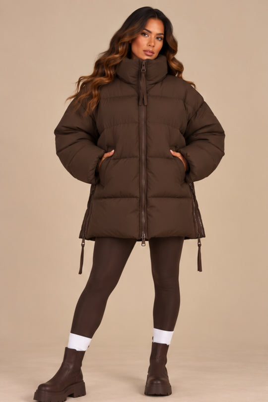 Alaiya Side Zip Padded Puffer Coat – Chocolate