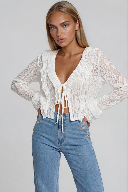 Phoebe Lace Frill Tie Front Top - White