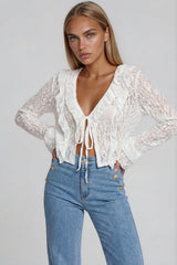Phoebe Lace Frill Tie Front Top - White