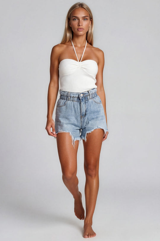 Paris Elasticated Denim Shorts - Light Wash Denim