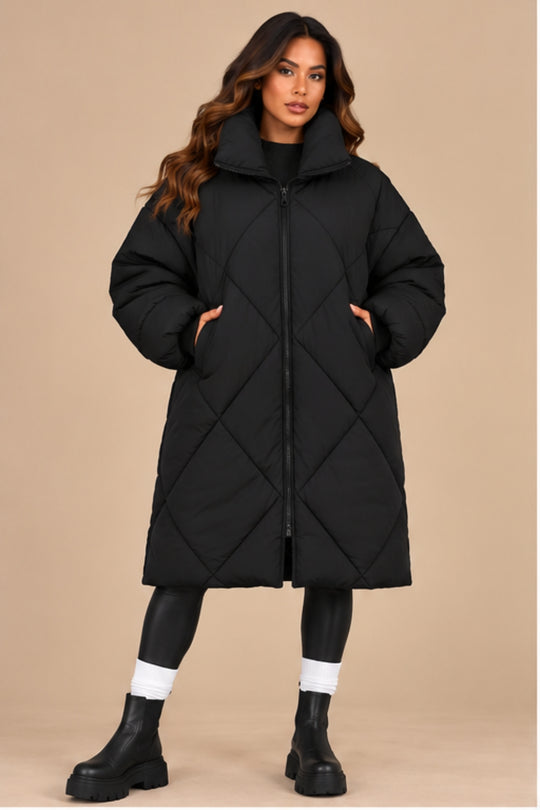 Lottie Diamond Quilted Long Puffer Coat – Black