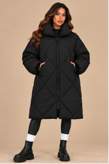 Lottie Diamond Quilted Long Puffer Coat – Black